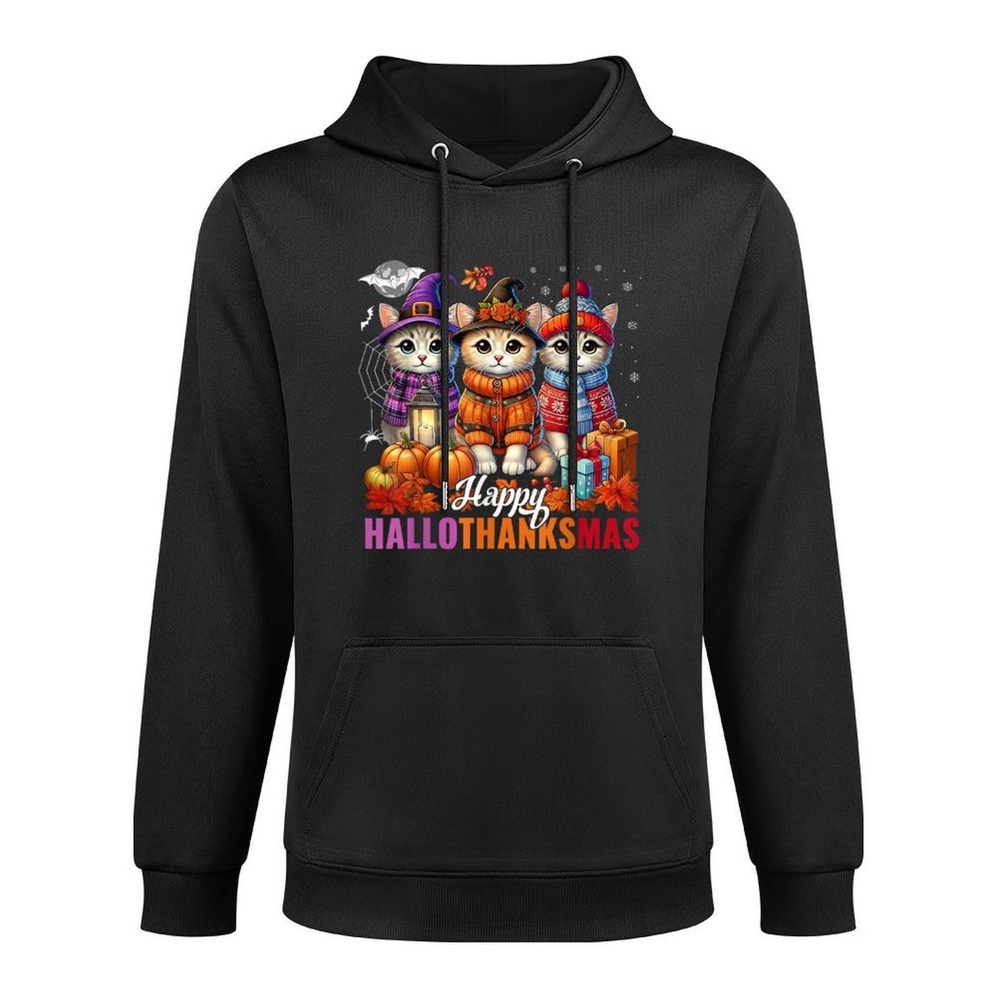 Halloween Thanksgiving Christmas Happy HalloThanksMas Cats Shrink-Resistant Hoodie