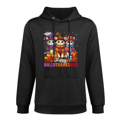Halloween Thanksgiving Christmas Happy HalloThanksMas Cats Shrink-Resistant Hoodie