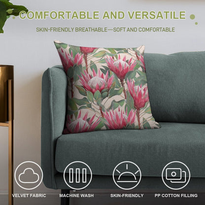 Painted King Proteas on Cream Soft Shrink-Resistant Throw Pillow
