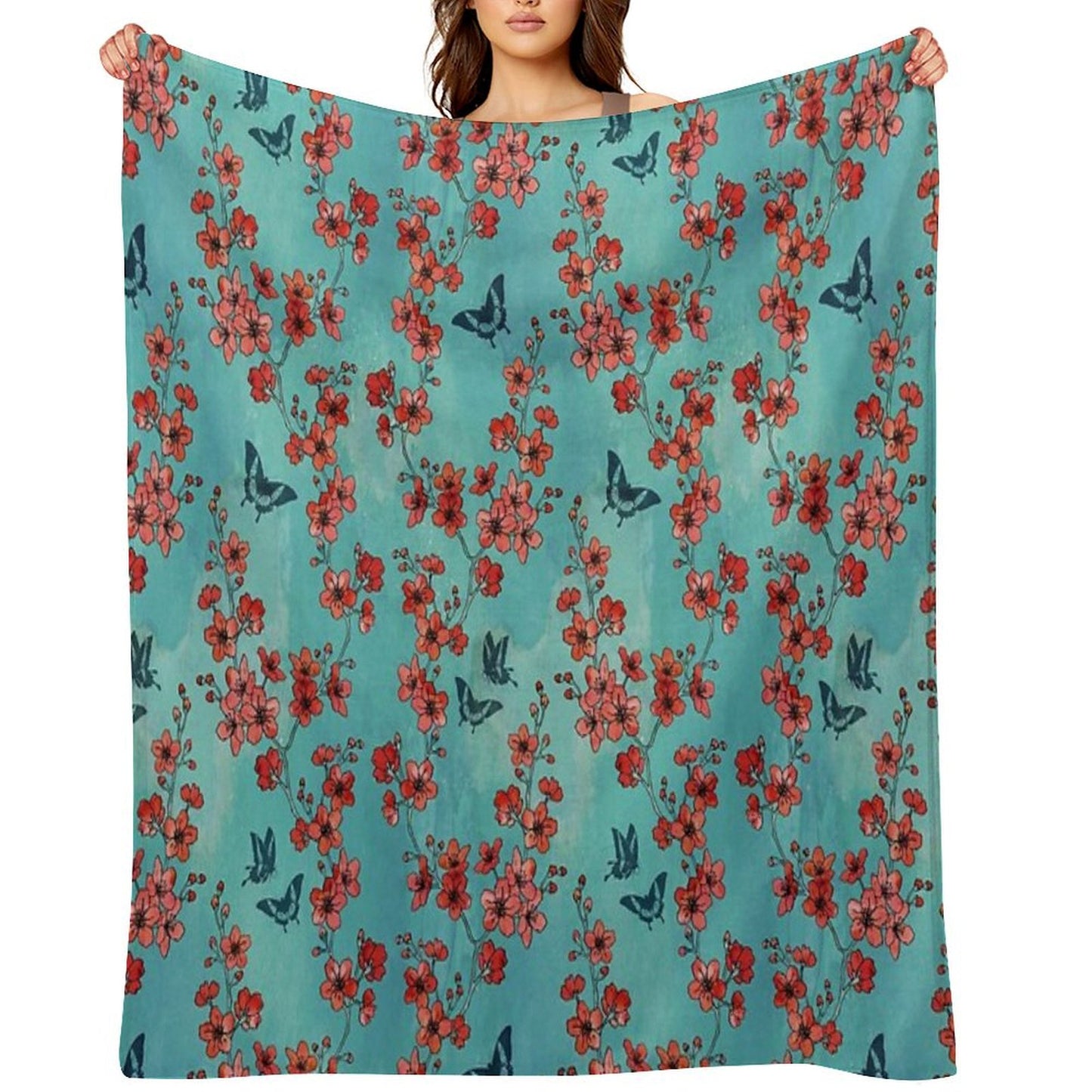 Sakura Butterflies in Turquoise Throw Blanket
