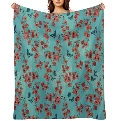 Sakura Butterflies in Turquoise Throw Blanket