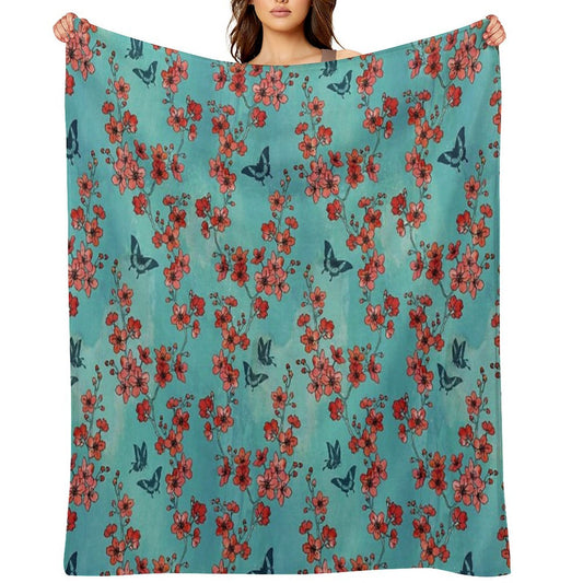 Sakura Butterflies in Turquoise Throw Blanket