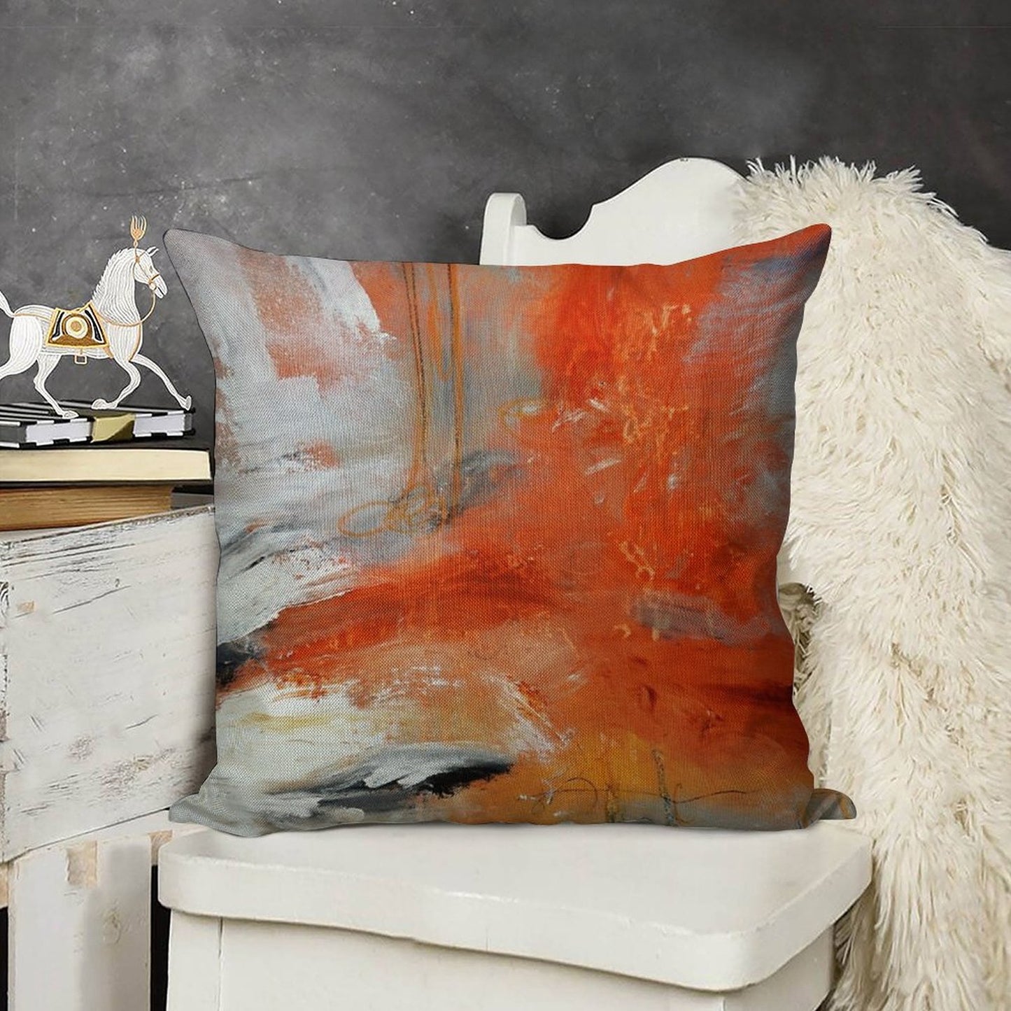 Red Orange Abstract Print Linen Throw Pillow Cover