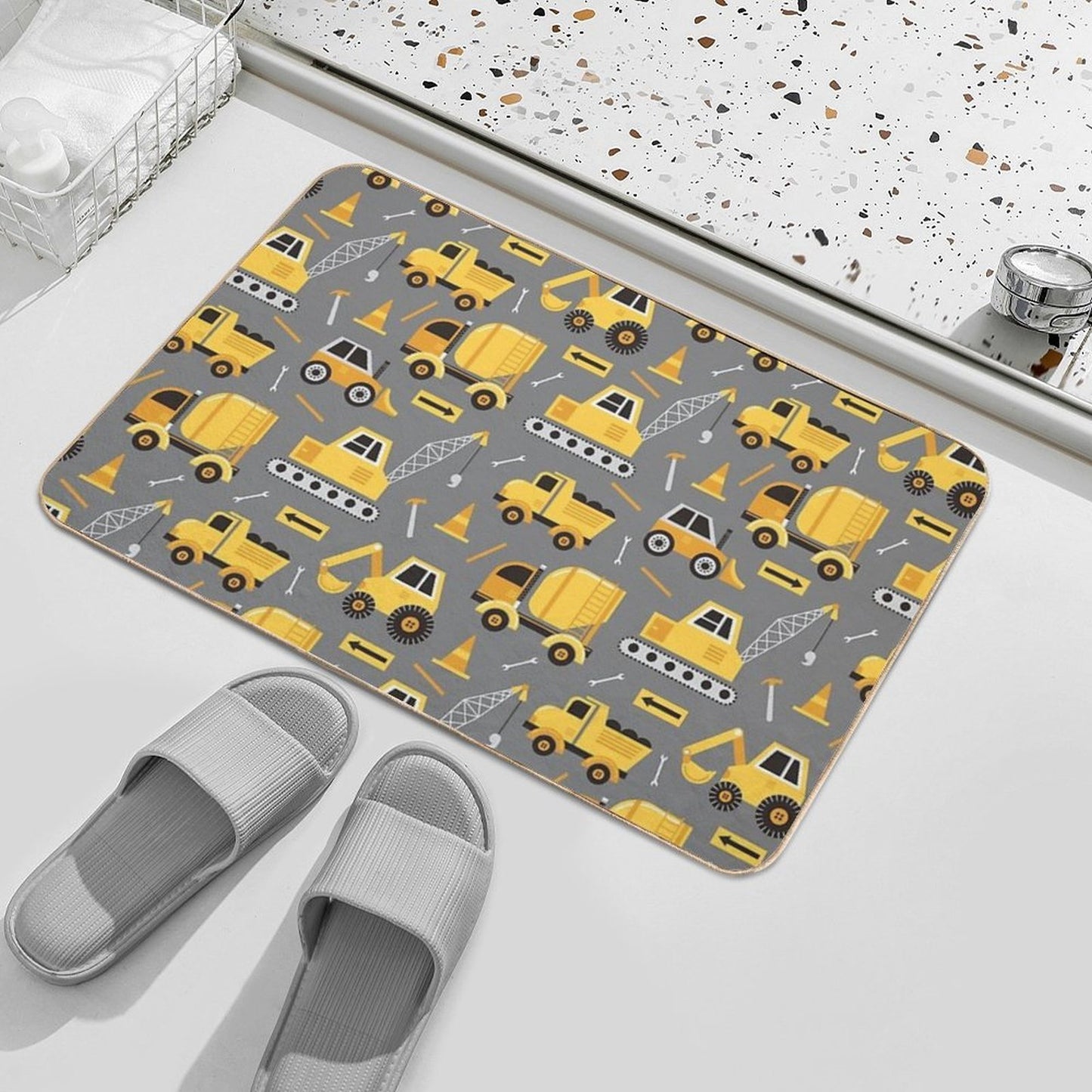 Construction Trucks on Gray  Easy Maintenance Bath Mat