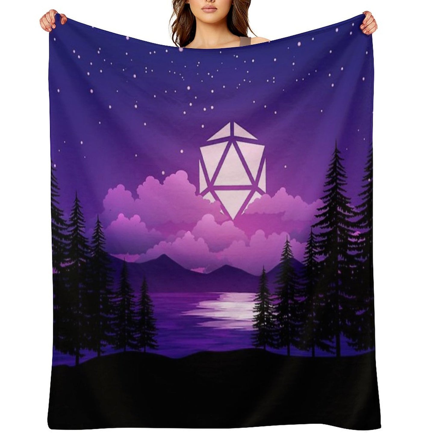 Pink Sunset D20 Dice Sun Lake Tabletop RPG Maps And Landscapes Throw Blanket