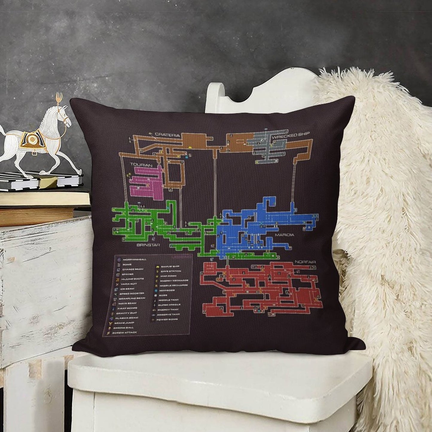 Super Metroid Map Linen Throw Pillow Cover