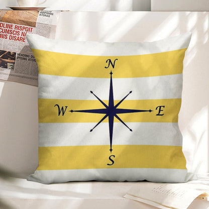 Navy Blue Compass On Mustard Yellow And White Stripes Linen Throw Pillow Cover