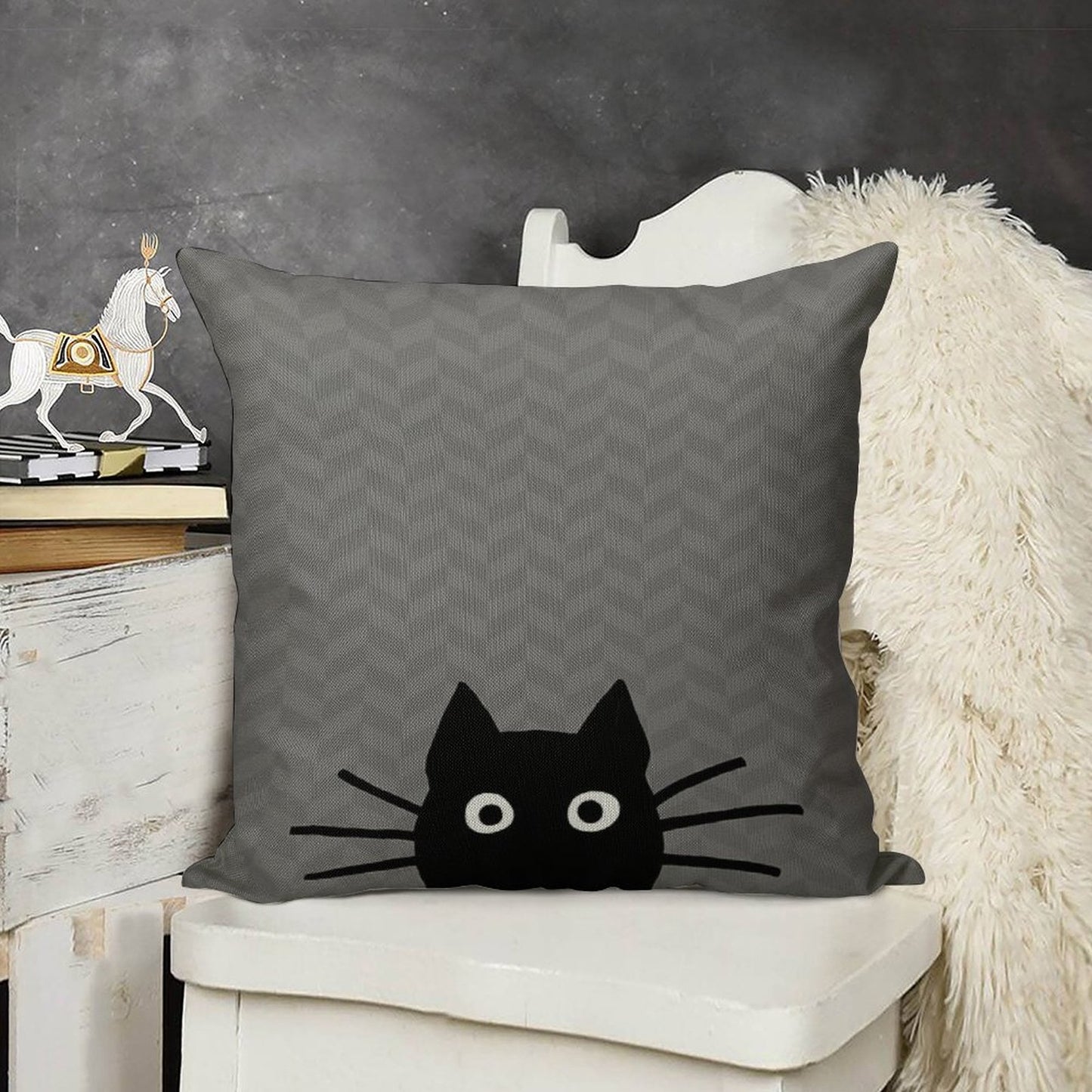 Black Cat Face Linen Throw Pillow Cover