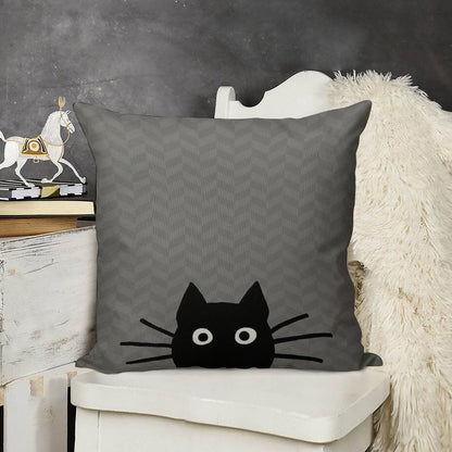 Black Cat Face Linen Throw Pillow Cover