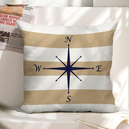 Nautical Navy Blue Compass On Tropical Tan And White Stripes Linen Throw Pillow Cover