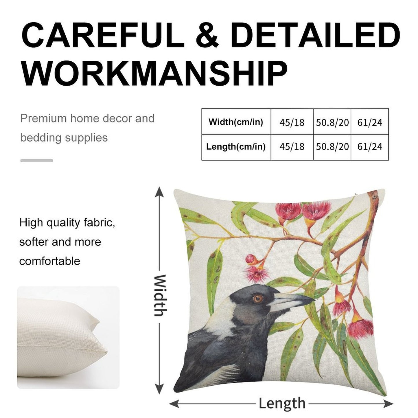 Australian Magpie And Eucalyptus Blossoms Watercolour Painting Linen Throw Pillow Cover