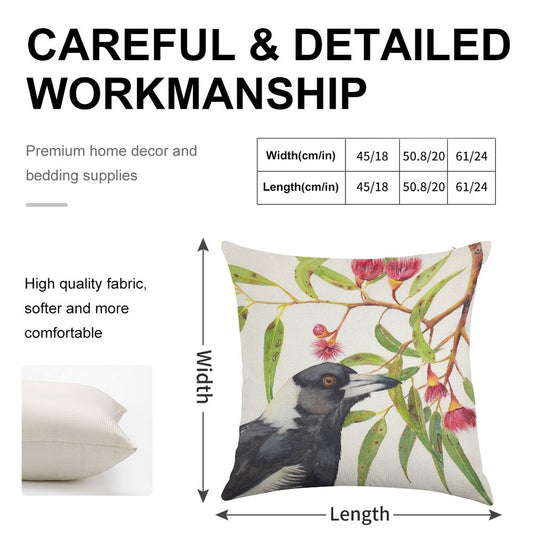 Australian Magpie And Eucalyptus Blossoms Watercolour Painting Linen Throw Pillow Cover