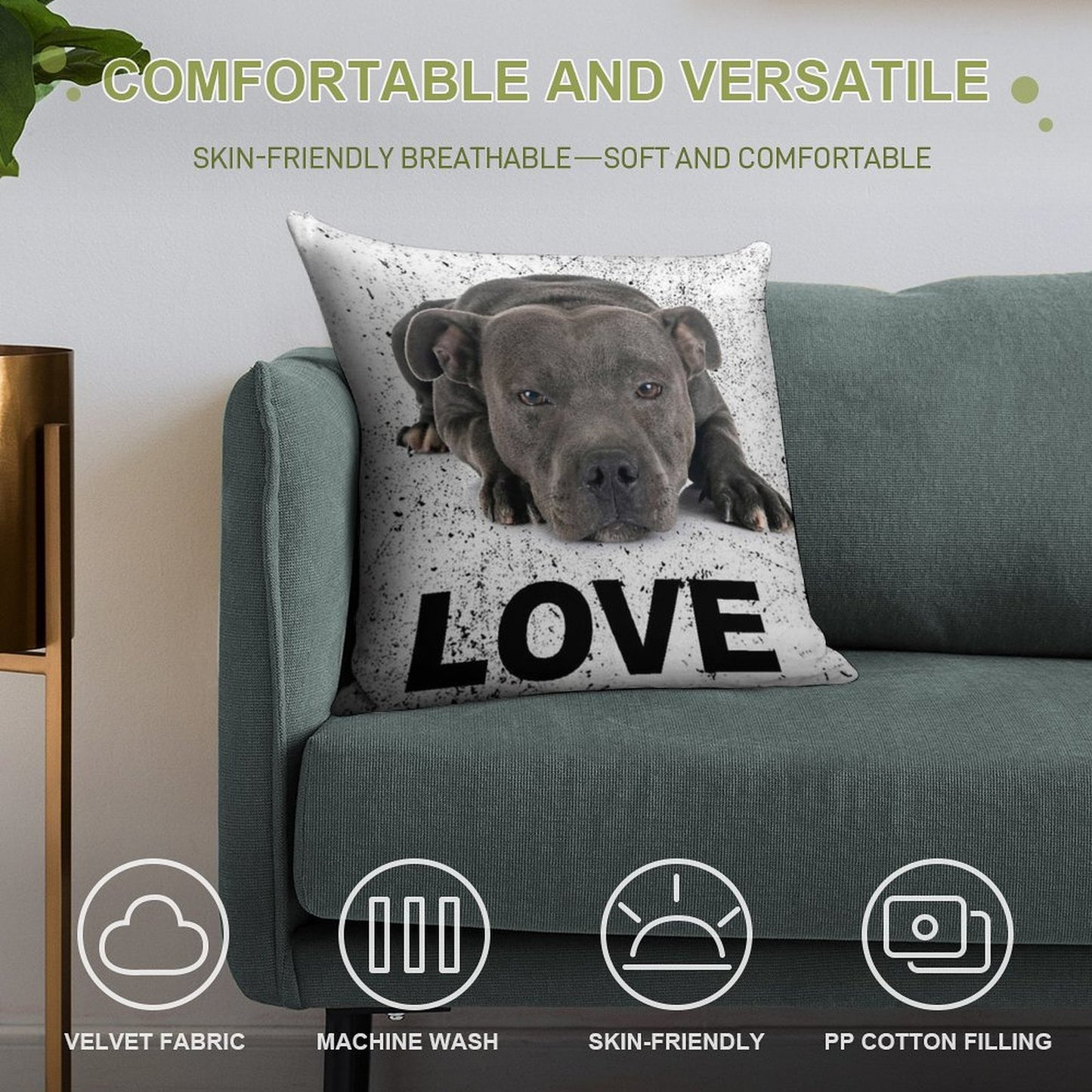 Love Is 4 Paws & Waggy Tail Blue Staffordshire Bull Terrier Soft Washable Throw Pillow