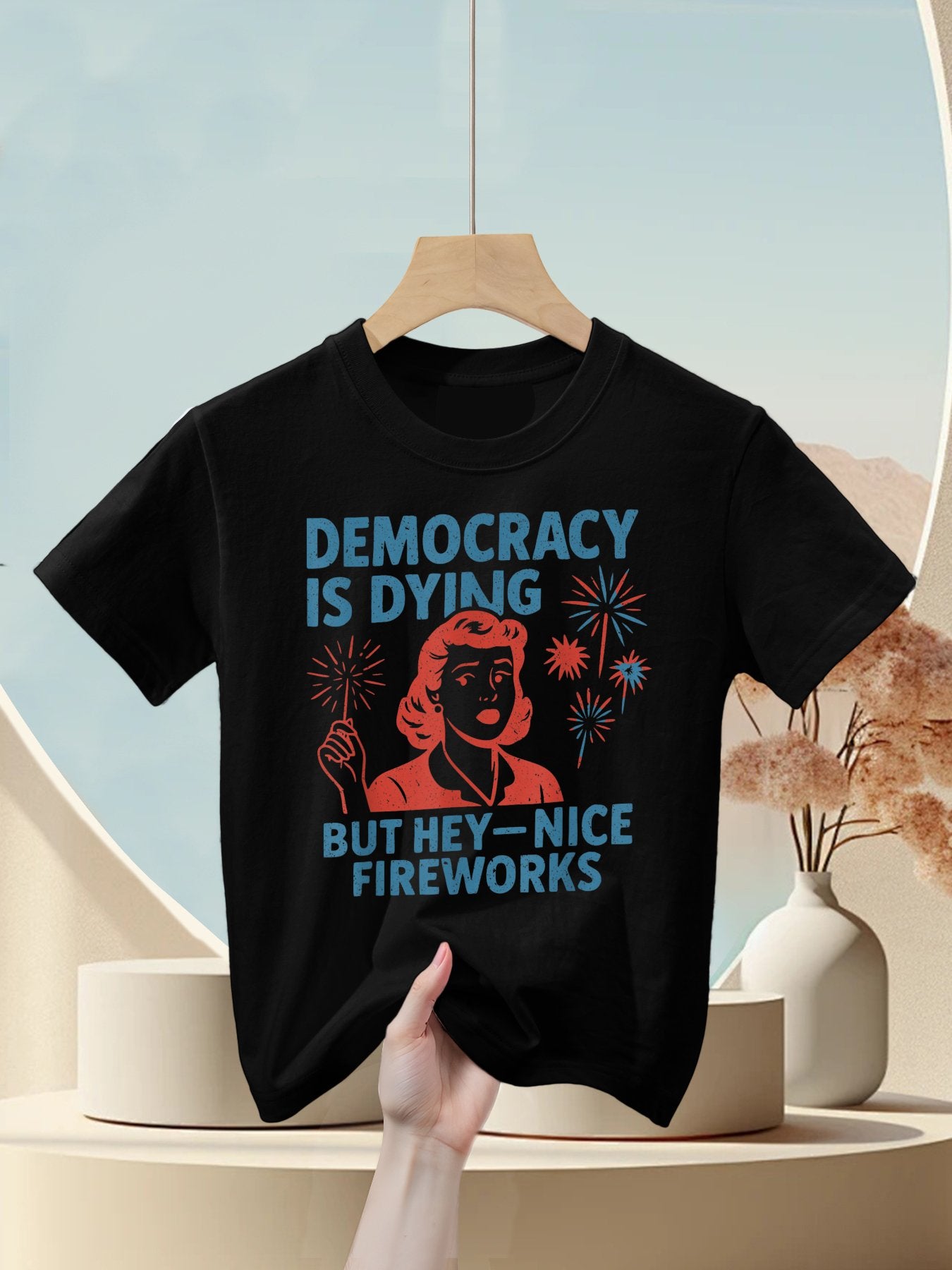 Funny Democracy Is Dying But Hey Nice Fireworks 4th Of July Kids T-Shirt