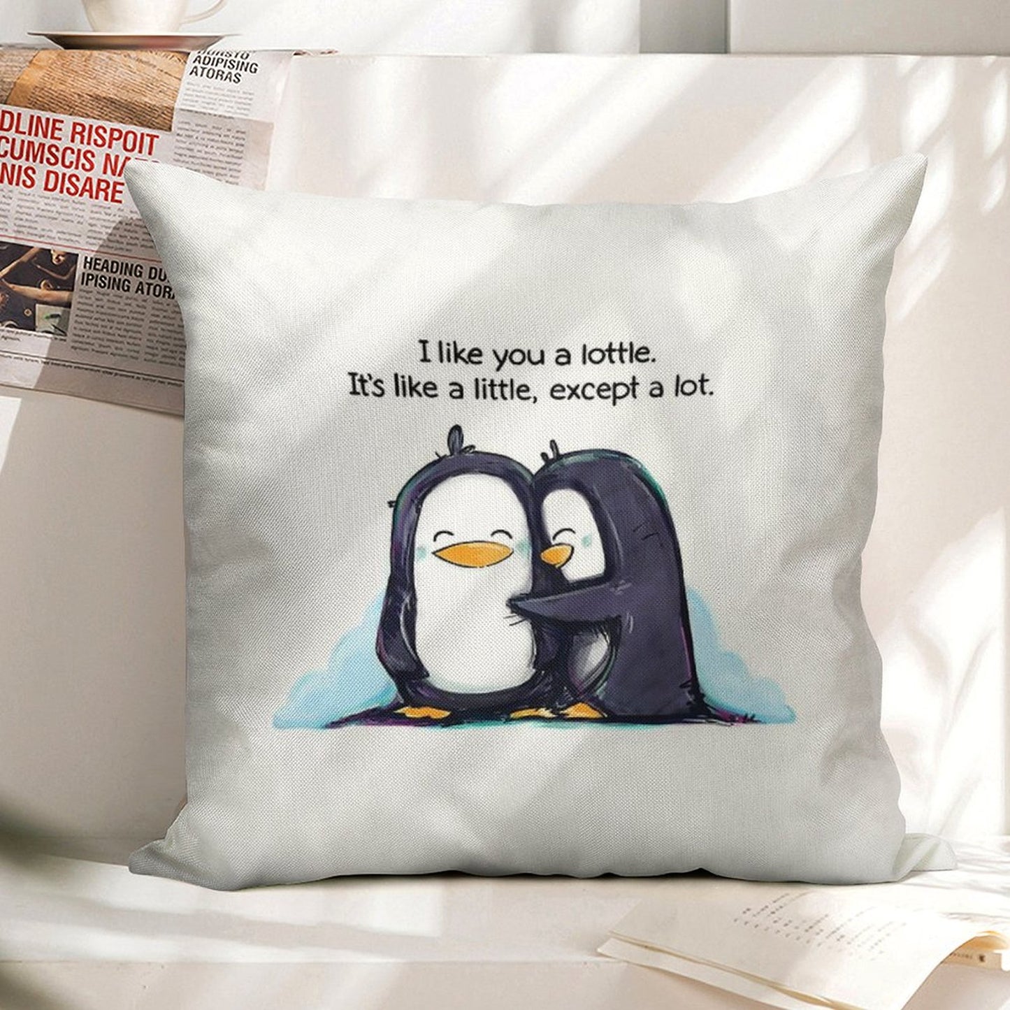 I Like You A Lottle Penguins Linen Throw Pillow Cover