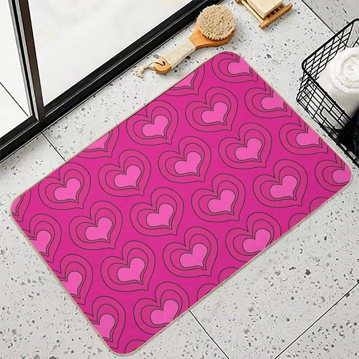 Heart Pattern Pink Magenta And Black Bath Mat