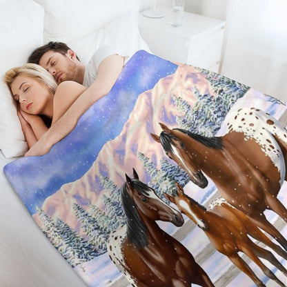 Bay Appaloosa Quarter Horses In Winter Snow Throw Blanket