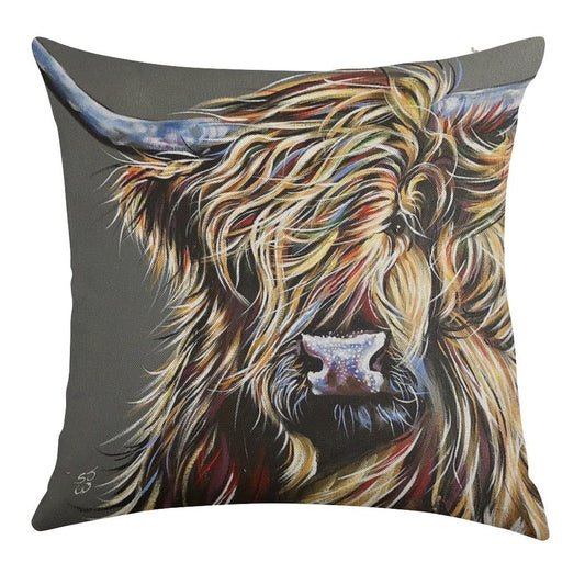 Beau The Colourful Highland Cow Linen Throw Pillow Cover