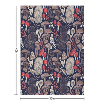Mystical Fungi  Midnight Blue Background Brown Red And Coral Wild Mushrooms Throw Blanket