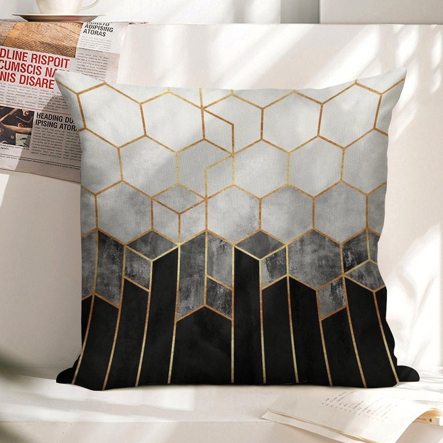 Charcoal Hexagons Linen Throw Pillow Cover