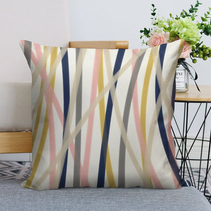 Ribbon Abstract in Mustard Yellow, Blush Pink, Navy Blue, Grey, Almond, And White. Minimalist Modern Linen Throw Pillow Cover
