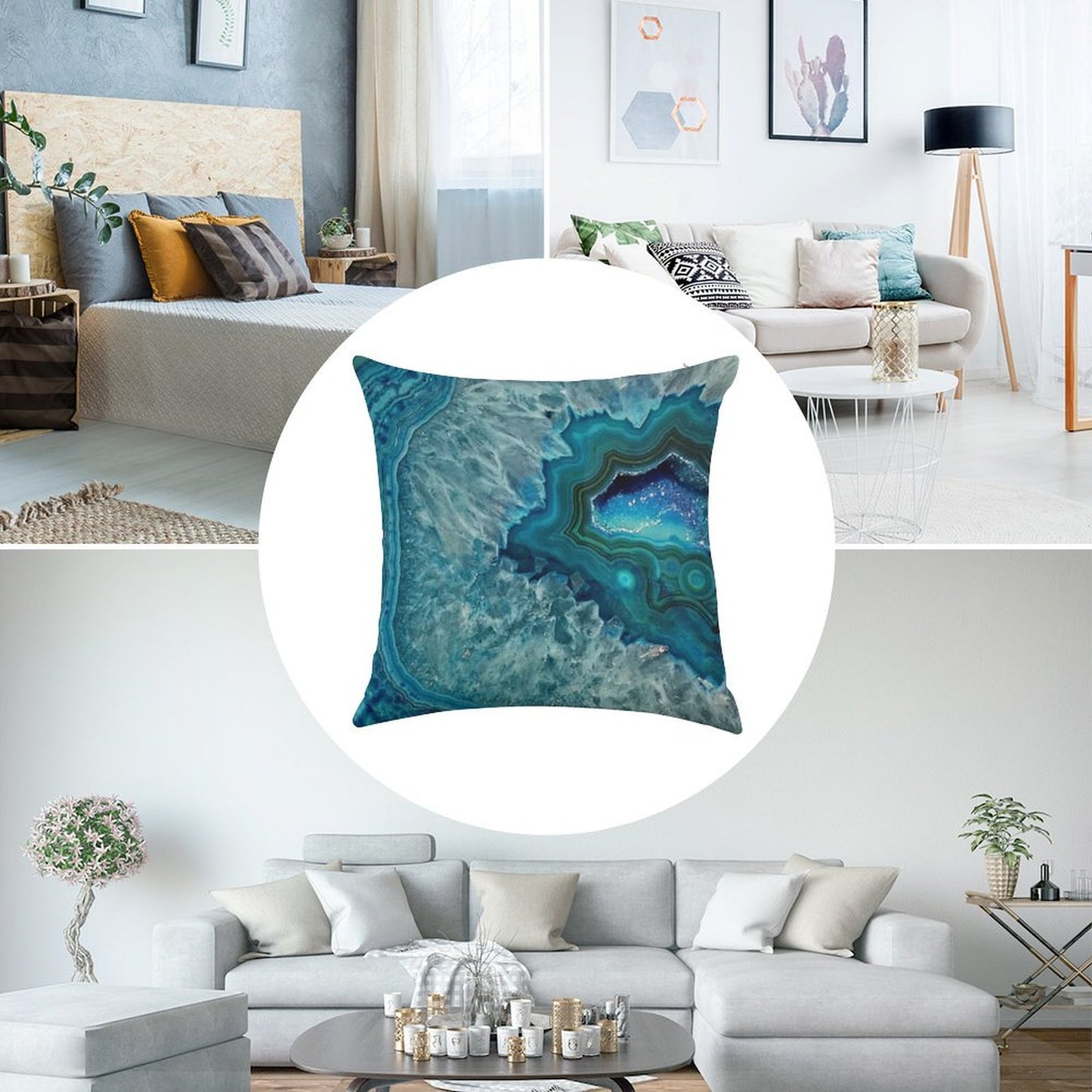 Teal Aqua Turquoise Blue Rock Agate Mineral Crystals Pattern Linen Throw Pillow Cover
