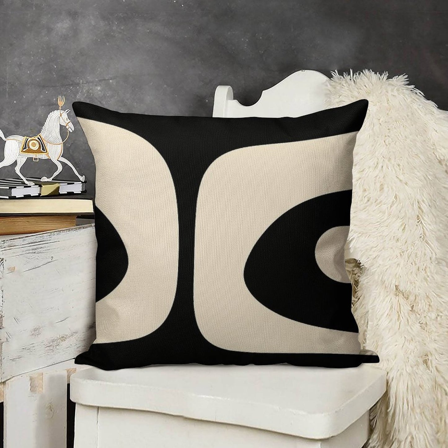 Retro Piquet Mid Century Modern Abstract Pattern 2 in Black And Almond Cream Linen Throw Pillow Cover