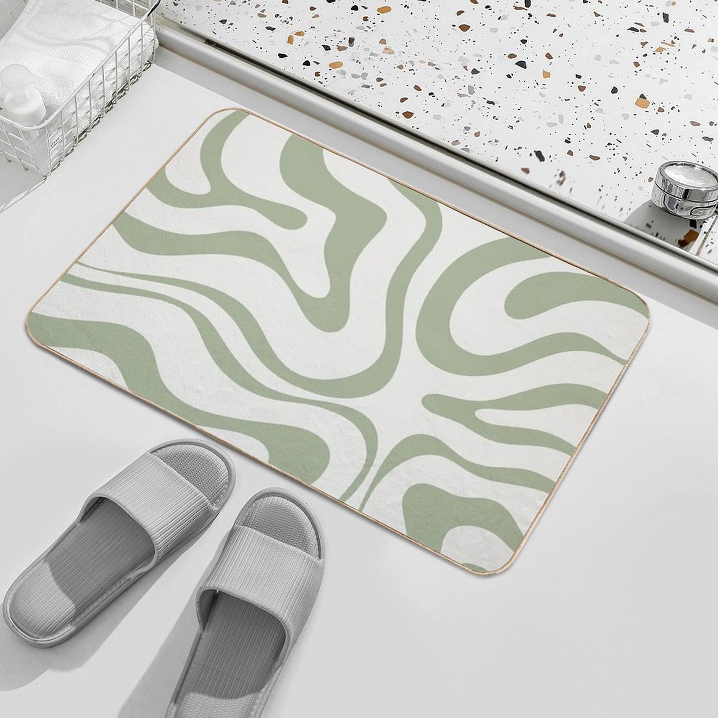 Modern Liquid Swirl Abstract Pattern in Sage Green Tones Bath Mat