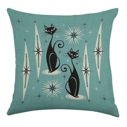 Mid Century Meow on Blue - Large Scale Linen Throw Pillow Cover