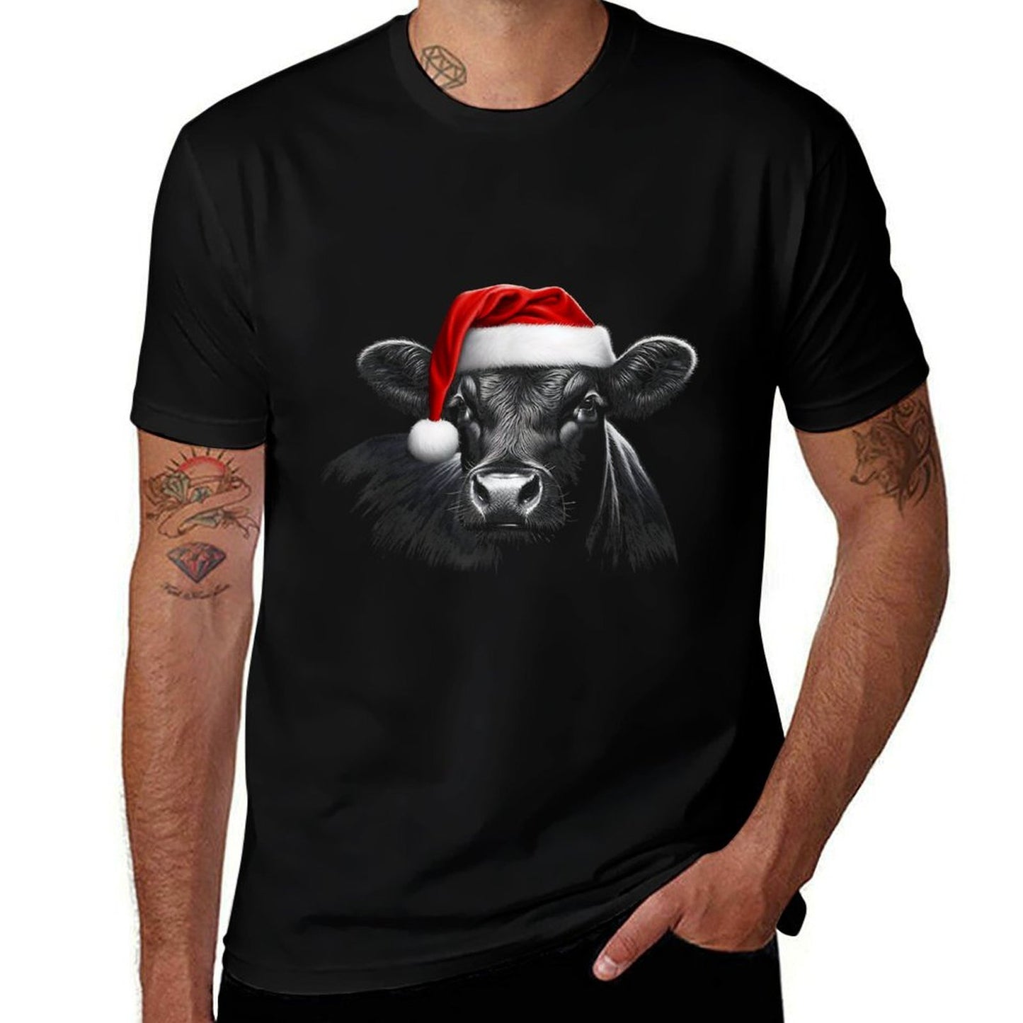 Angus Rancher Christmas Hat Cow Santa Hat Black  Tagless Design T-Shirt