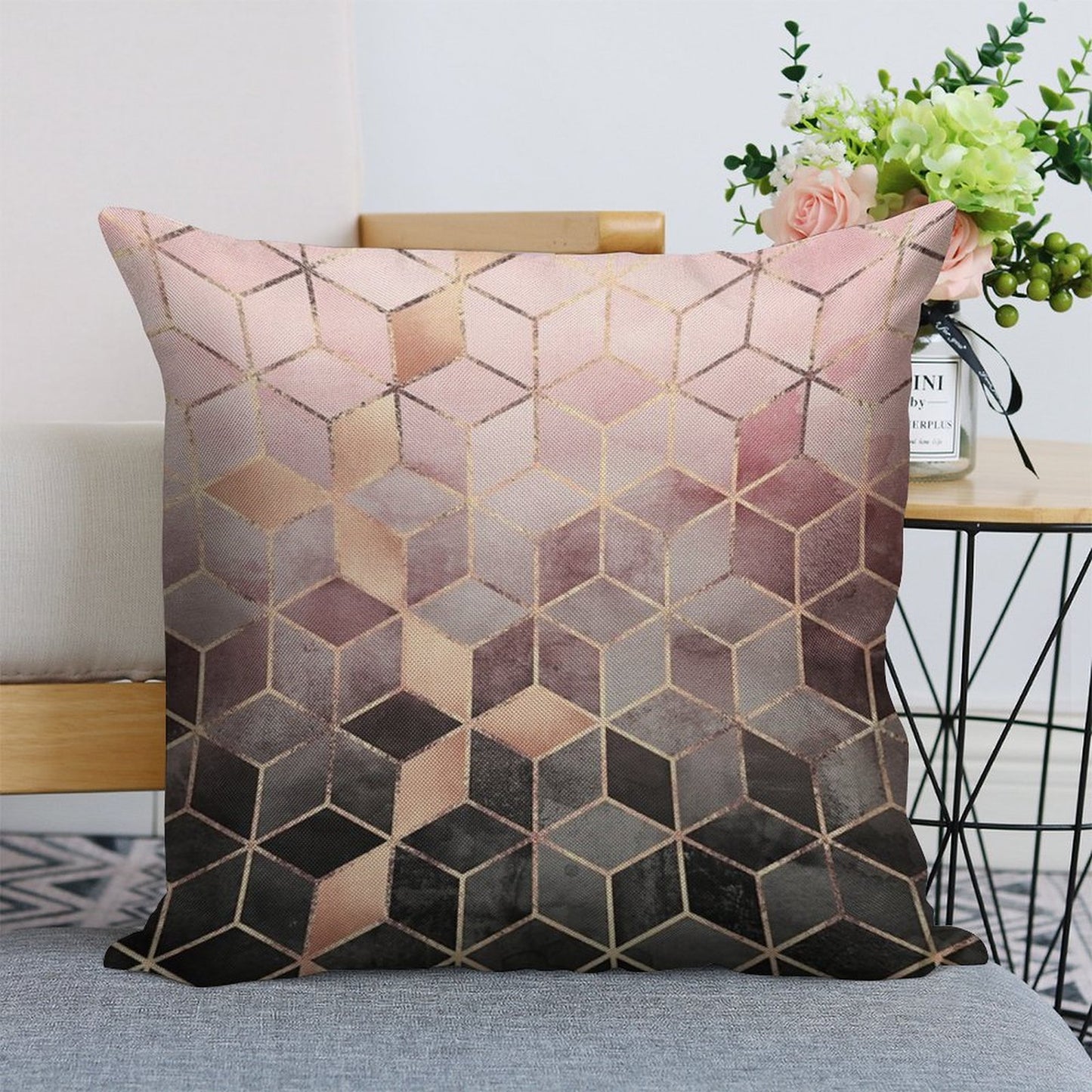 Pink And Grey Gradient Cubes Linen Throw Pillow Cover