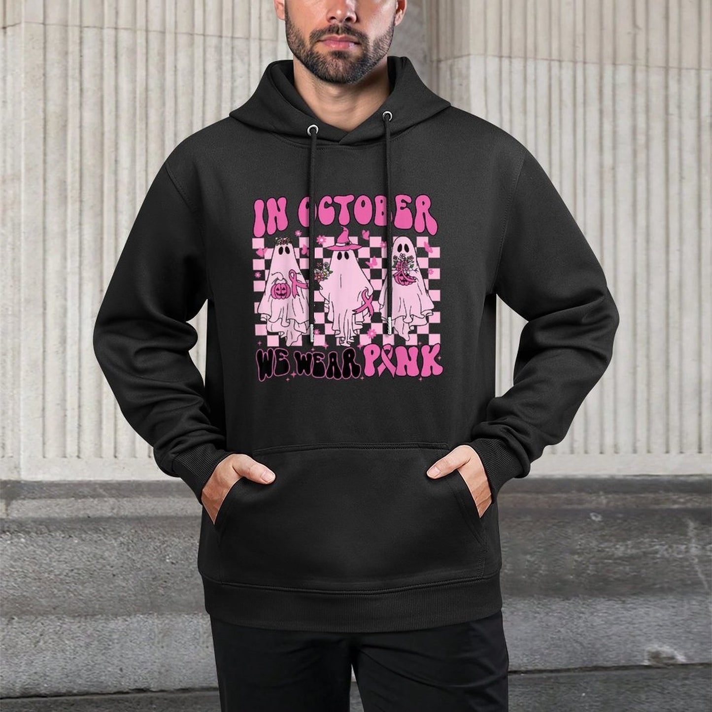 In October We Wear Pink Ghost Breast Cancer Halloween Party Moisture-Wicking Hoodie