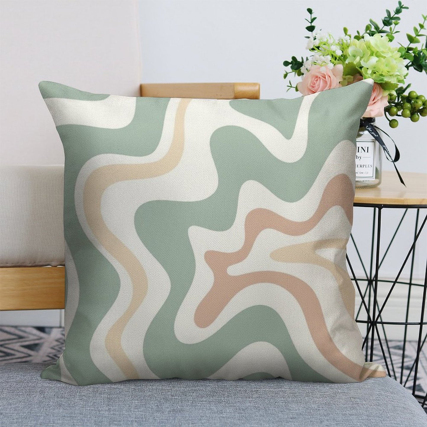 Liquid Swirl Retro Abstract in Light Sage Celadon Green, Light Blush, Cream, And White Linen Throw Pillow Cover