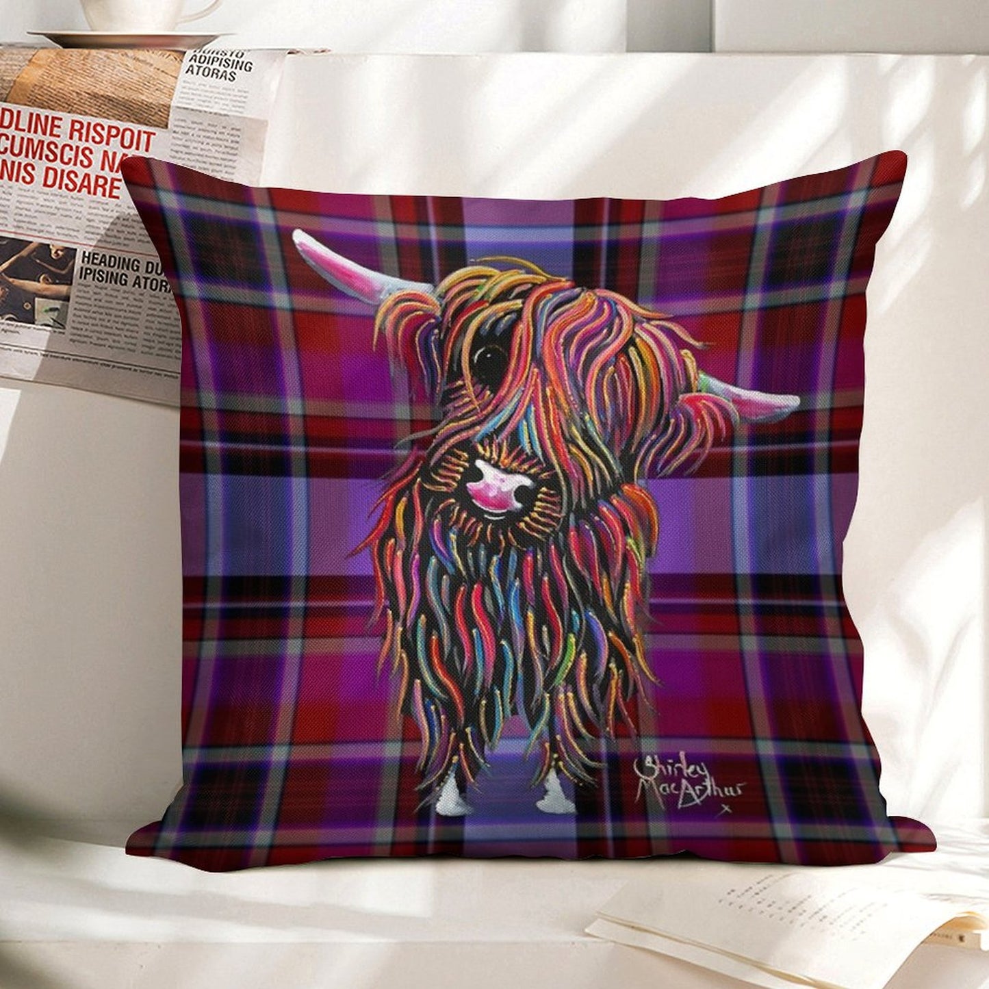 SCoTTiSH HiGHLaND CoW ' TaRTaN BoLLY P ' BY SHiRLeY MacARTHuR Linen Throw Pillow Cover