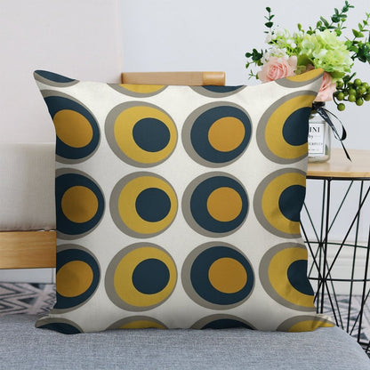 Double Dots Retro Pattern in Light And Dark Mustard Yellow, Navy Blue, Grey, And White Linen Throw Pillow Cover