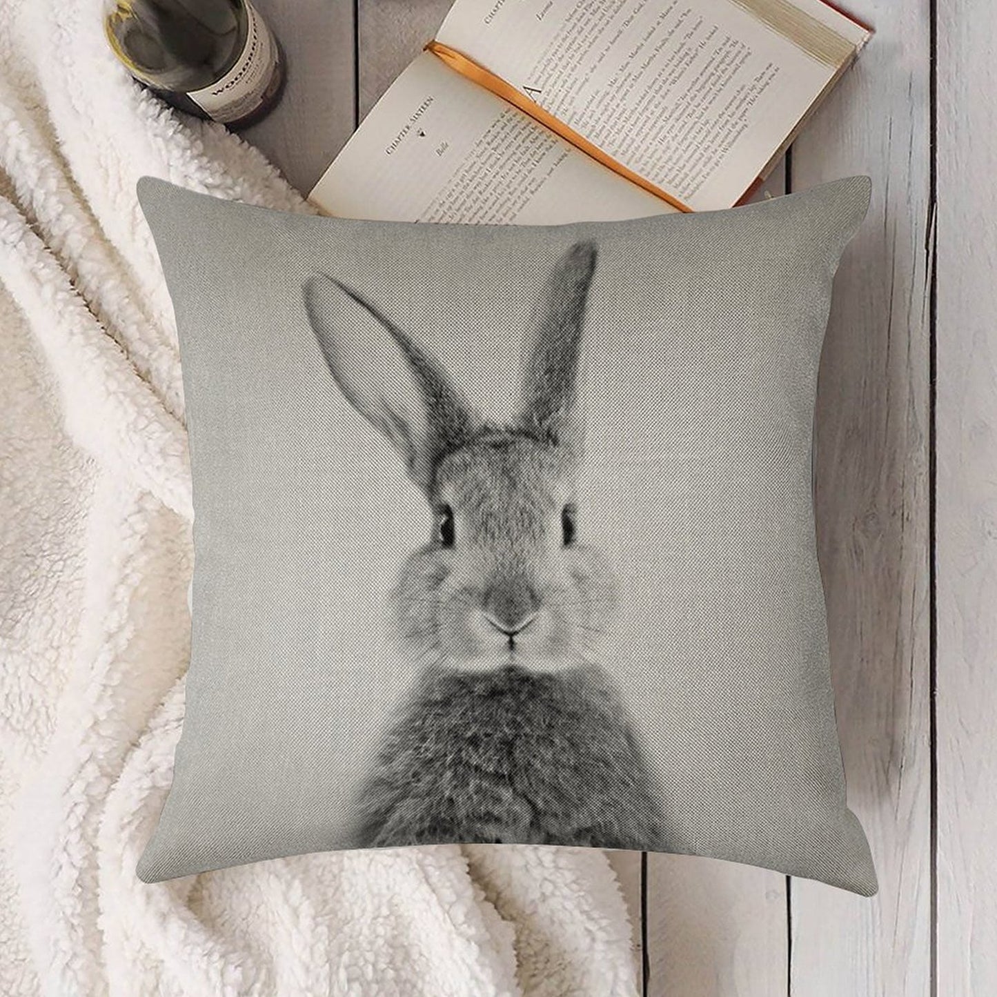 Rabbit - Black & White Linen Throw Pillow Cover