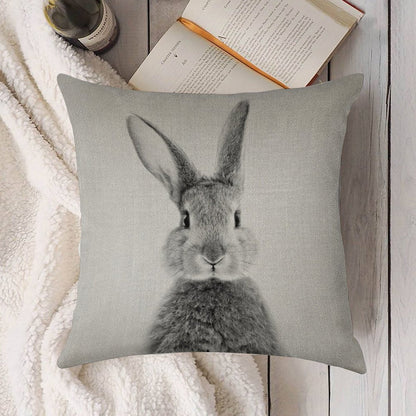 Rabbit - Black & White Linen Throw Pillow Cover