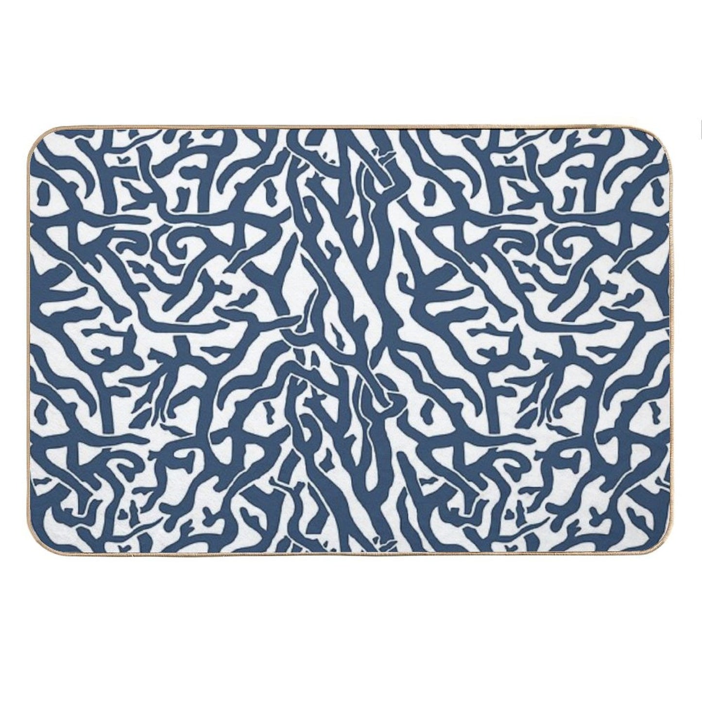 Coral Reef Pattern  Navy Blue White Coastal Beach House Bath Mat