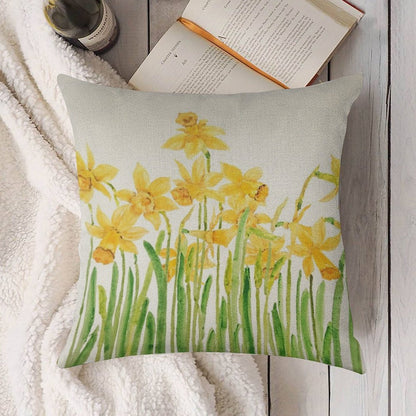 Hand Painted Yellow Daffodils Field Watercolor Linen Throw Pillow Cover
