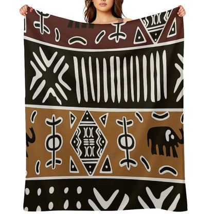 African Mud Cloth with Elephants Throw Blanket
