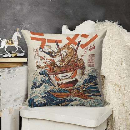 The Great Ramen Off Kanagawa Linen Throw Pillow Cover