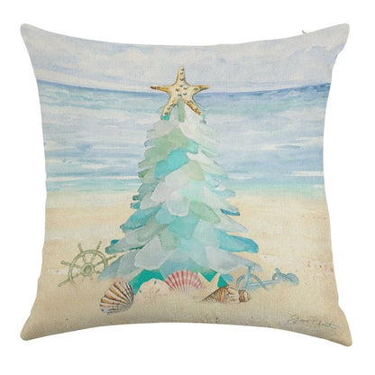 Coastal Seaglass Christmas Tree B Linen Throw Pillow Cover