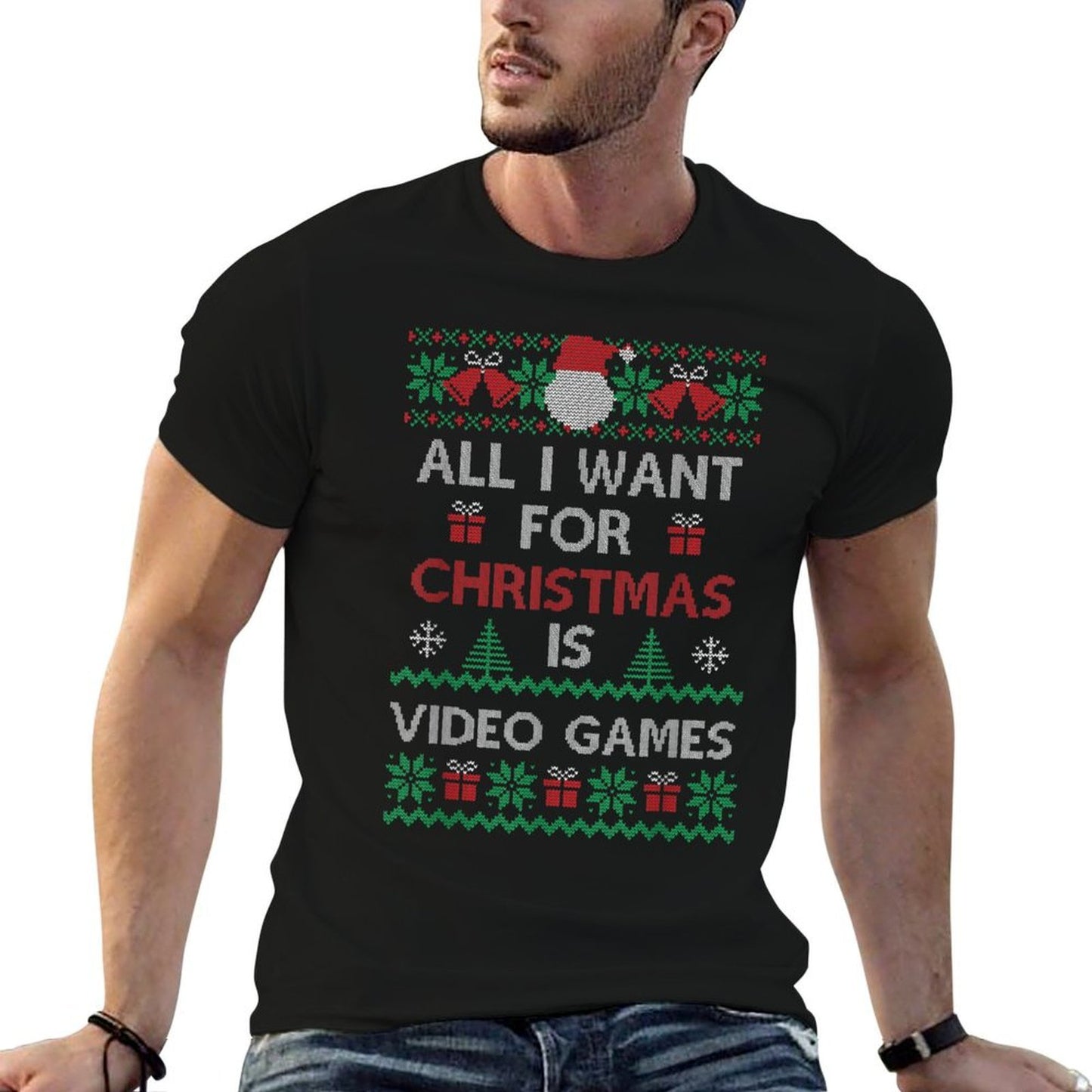 All I Want for Christmas Is Video Games Knitted Christmas  Heathered Texture T-Shirt
