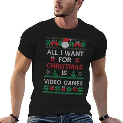 All I Want for Christmas Is Video Games Knitted Christmas  Heathered Texture T-Shirt