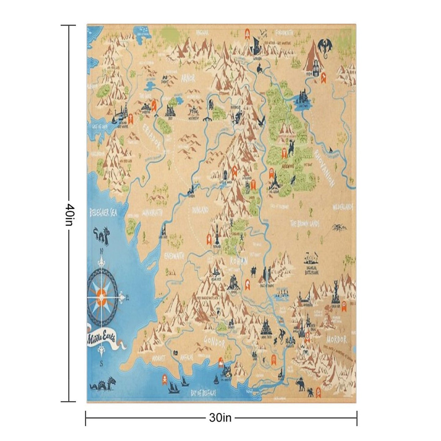 Tolkien - Middle Earth Map,  Simple Icon Illustrations Throw Blanket