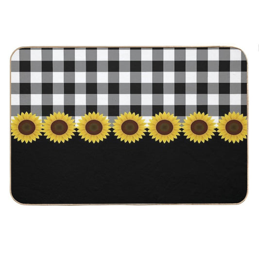 Black White Buffalo Plaid & Yellow Sunflower Bath Mat