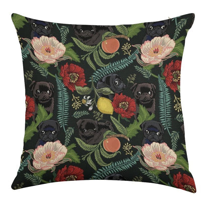 Botanical And Black Pugs Linen Throw Pillow Cover