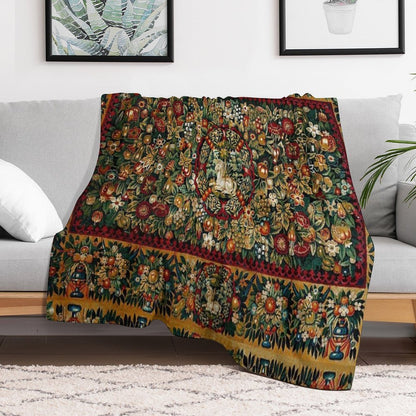 Medieval Unicorn Floral Tapestry Throw Blanket