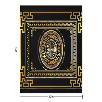 Greek Key Meander Black Gold Large Throw Blanket