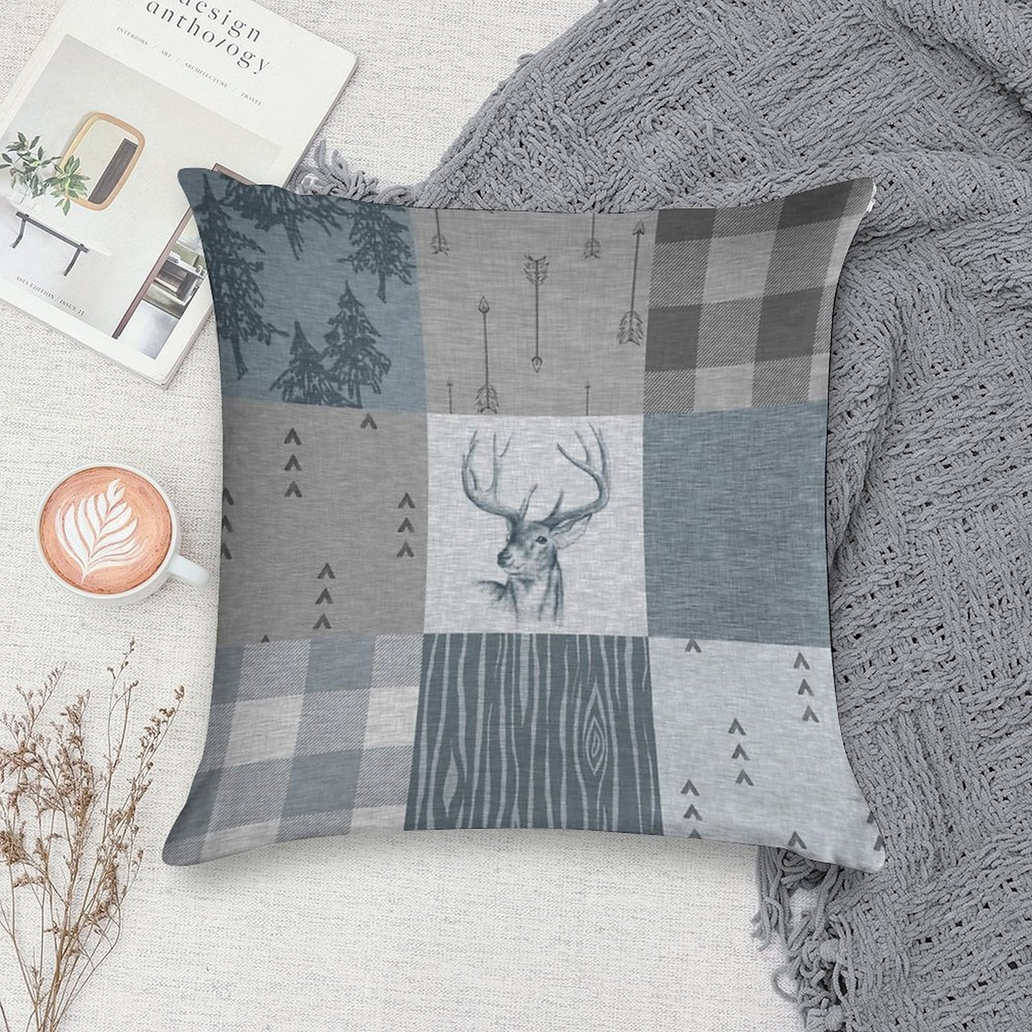 Deer Patchwork - Rustic Blue And Grey Soft Multiple Sizes Throw Pillow